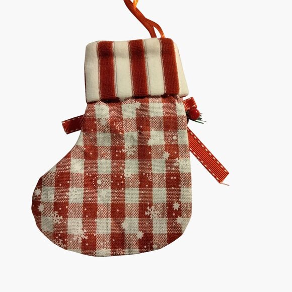 Red White Gingham Christmas Stocking Gift Bag Ornament Ribbon Berry Snowflake - Picture 4 of 4